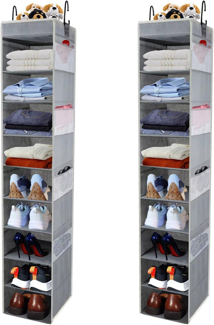 Large-Sized Hanging Shoe Organizer 10-Shelf, Sturdy Hanging Closet Organizer with 8 Side Pockets, Wider Hanging Shelves for Storage Shoes Clothes Jeans Shirts Toys, Black