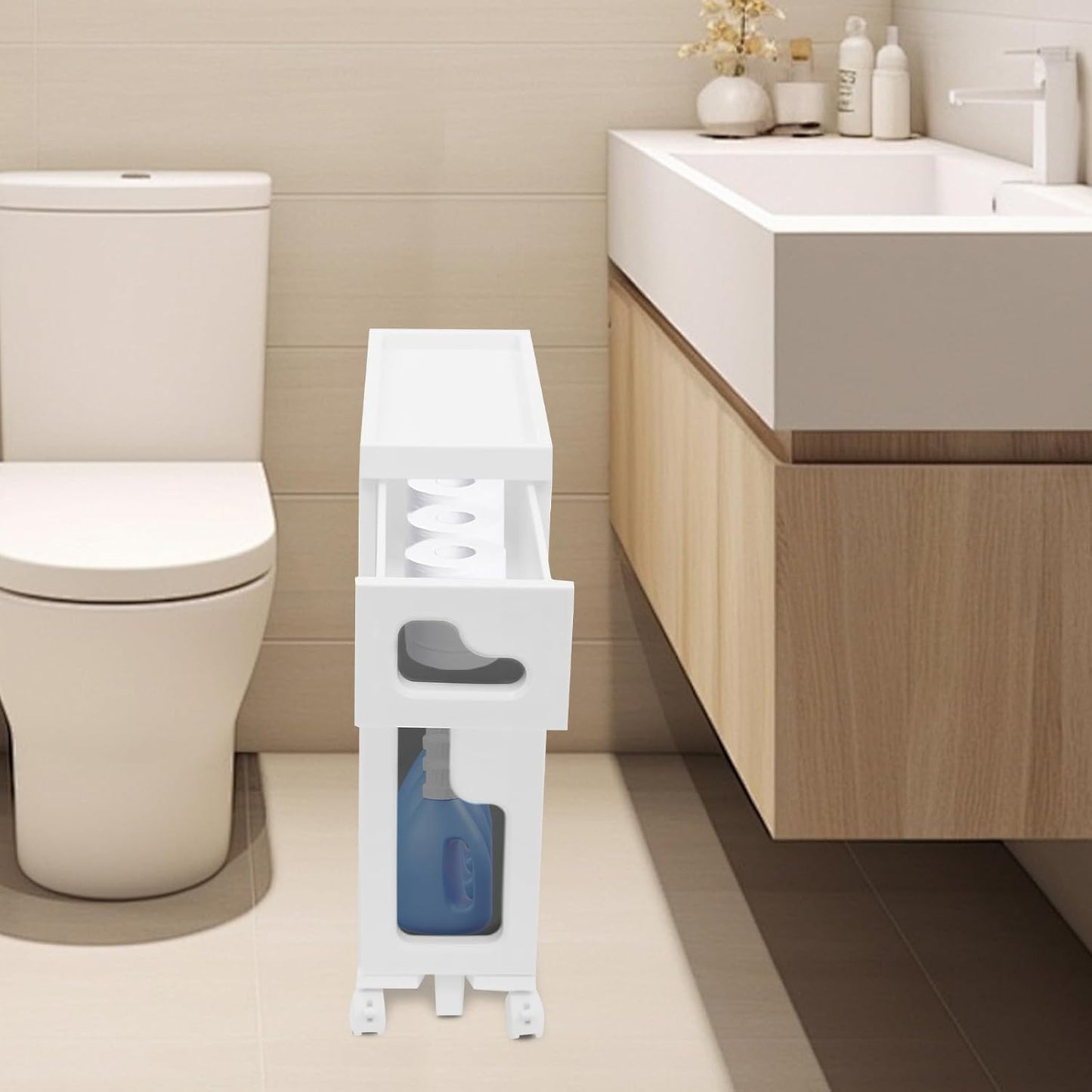 2 Tier Slim Bathroom Storage Cabinet with Movable WheelsSmall Bathroom Storage Cabinet Narrow Bathroom Storage Cabinet for Small Space, Bathroom, Kitchen, Laundry, White (15.7×6.3×22in)