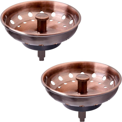 KONE 2PCS Kitchen Sink Basket Strainer Replacement for 3-1/2 Inch Standard Drains Brushed Stainless Steel Body Metal Center Knob with Rubber Stopper