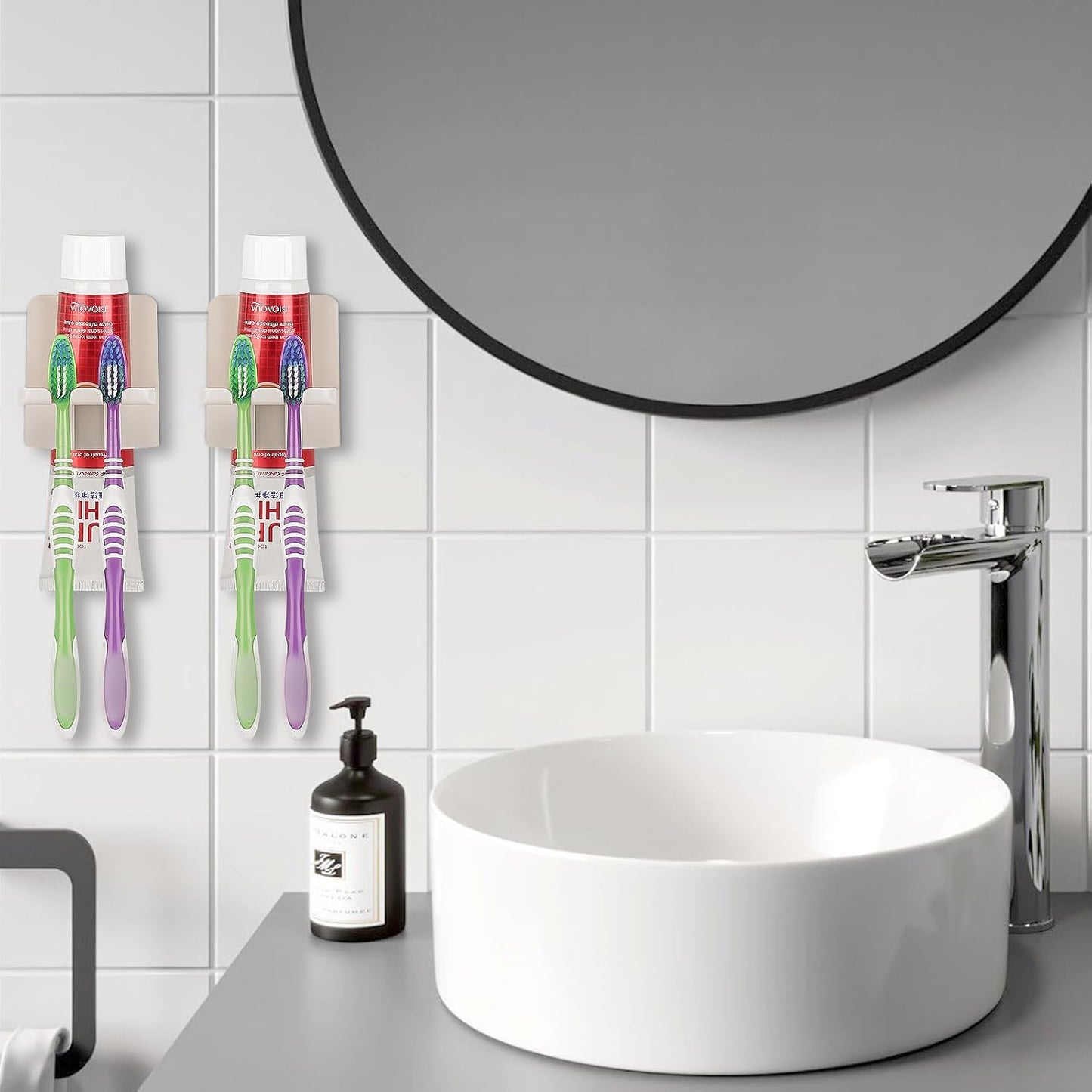 2 PCS Self-Adhesive Toothbrush Holders Wall Mounted, Water Proof Toothbrush Hook, 3 in 1 with Toothbrush Hanger Toothpaste Holder and Gargle Cup Holder for Bathroom Shower (White)