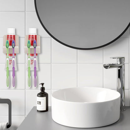 2 PCS Self-Adhesive Toothbrush Holders Wall Mounted, Water Proof Toothbrush Hook, 3 in 1 with Toothbrush Hanger Toothpaste Holder and Gargle Cup Holder for Bathroom Shower (White)