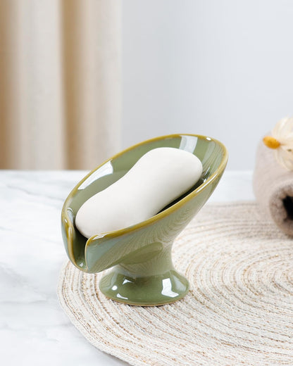 Small Soap Dish, Self Draining Bar Soap Holder for Bathroom Sink, Leaf Shaped Drainage Ceramic with Marble-Pattern Finish, Decorative Soap Dish, No Suction Cup, ANTIS'S HOME