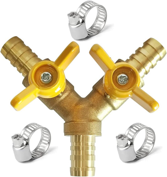 Uenede Brass 1/4 Inch 3-way Y-shaped Shut-off Ball Valve with 2-switch 1/4" Hose Barb Include 3 Stainless Steel Clamps Hose Pipe Barb Fitting for Water/Oil/Gas