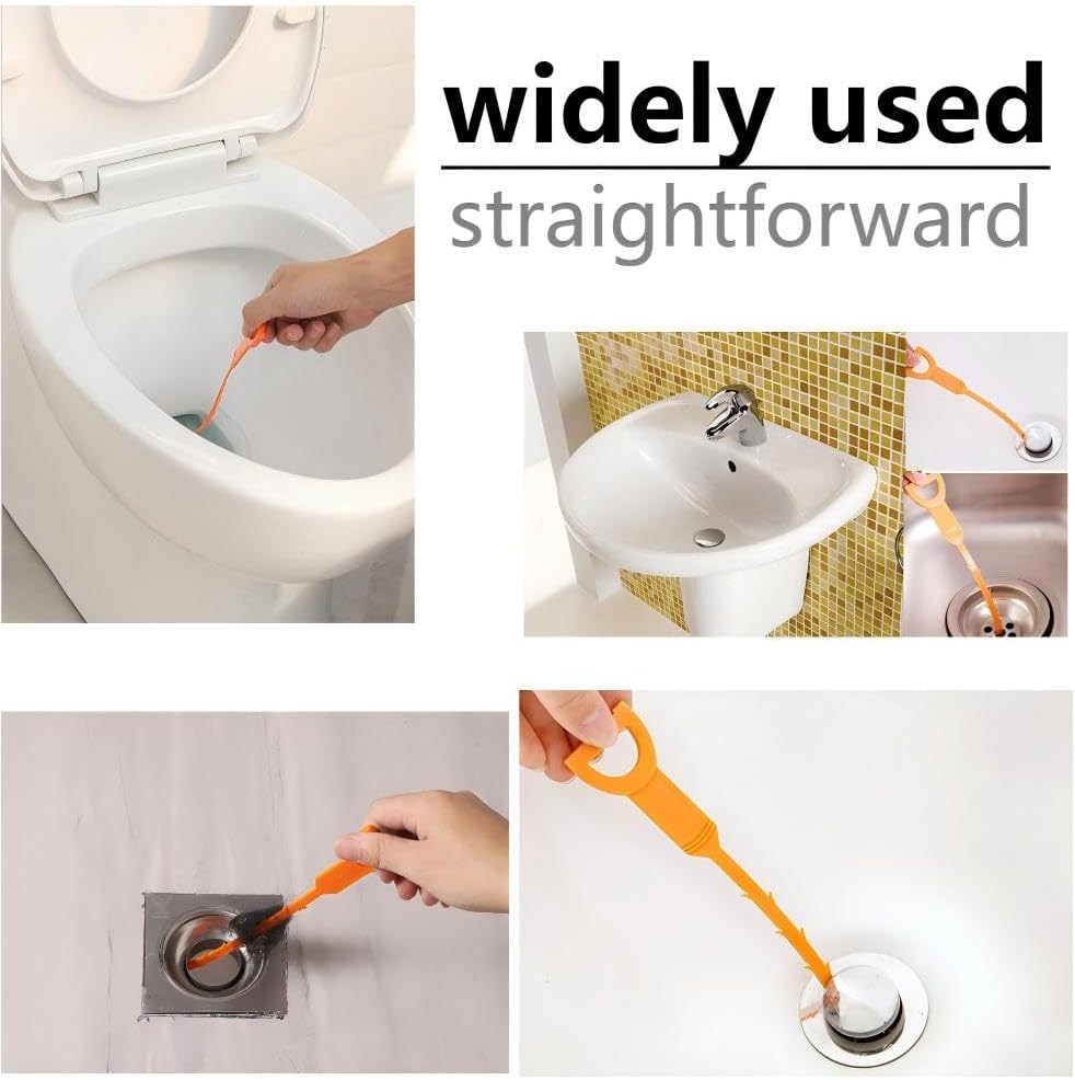 Drain Snake Hair Clog Remover Tool, Orange, Plastic, 20 Inch, Flexible Design for Toilet, Sink, Floor Drain, 3 Pack