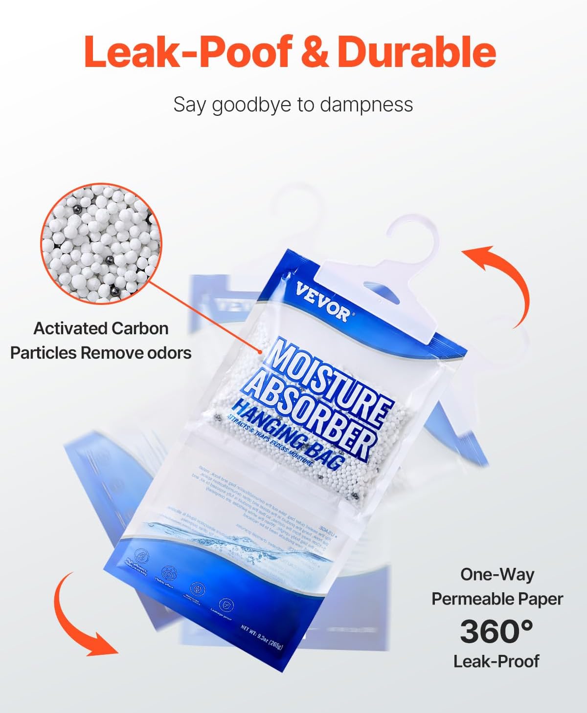 VEVOR Hanging Moisture Absorber, 9.3 oz Hanging Closet Dehumidifier Bags(10 Packs), Fragrance Free Moisture Bags in Wardrobes, Bedrooms, Bathrooms