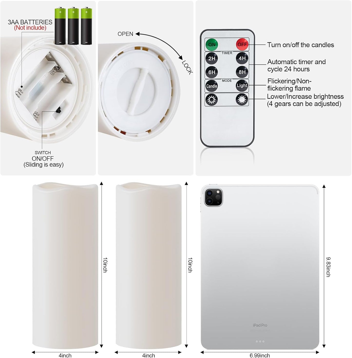 Amagic 3 Pack 4"x 6"8" 10" Outdoor Plastic Electric flameless Candles with Remote Control and Timer, Battery Operated Flickering LED Pillar Fake Candle for Home, Wedding Decor, Ivory