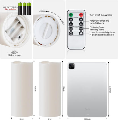 Amagic 3 Pack 4"x 6"8" 10" Outdoor Plastic Electric flameless Candles with Remote Control and Timer, Battery Operated Flickering LED Pillar Fake Candle for Home, Wedding Decor, Ivory