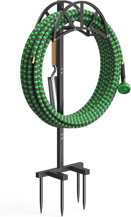 Mr IRONSTONE Garden Hose Holder Freestanding with 4 Spikes, Upgraded Water Hose Holder with Stainless Steel Screws, Heavy Duty Hose Stand Holds (Black)