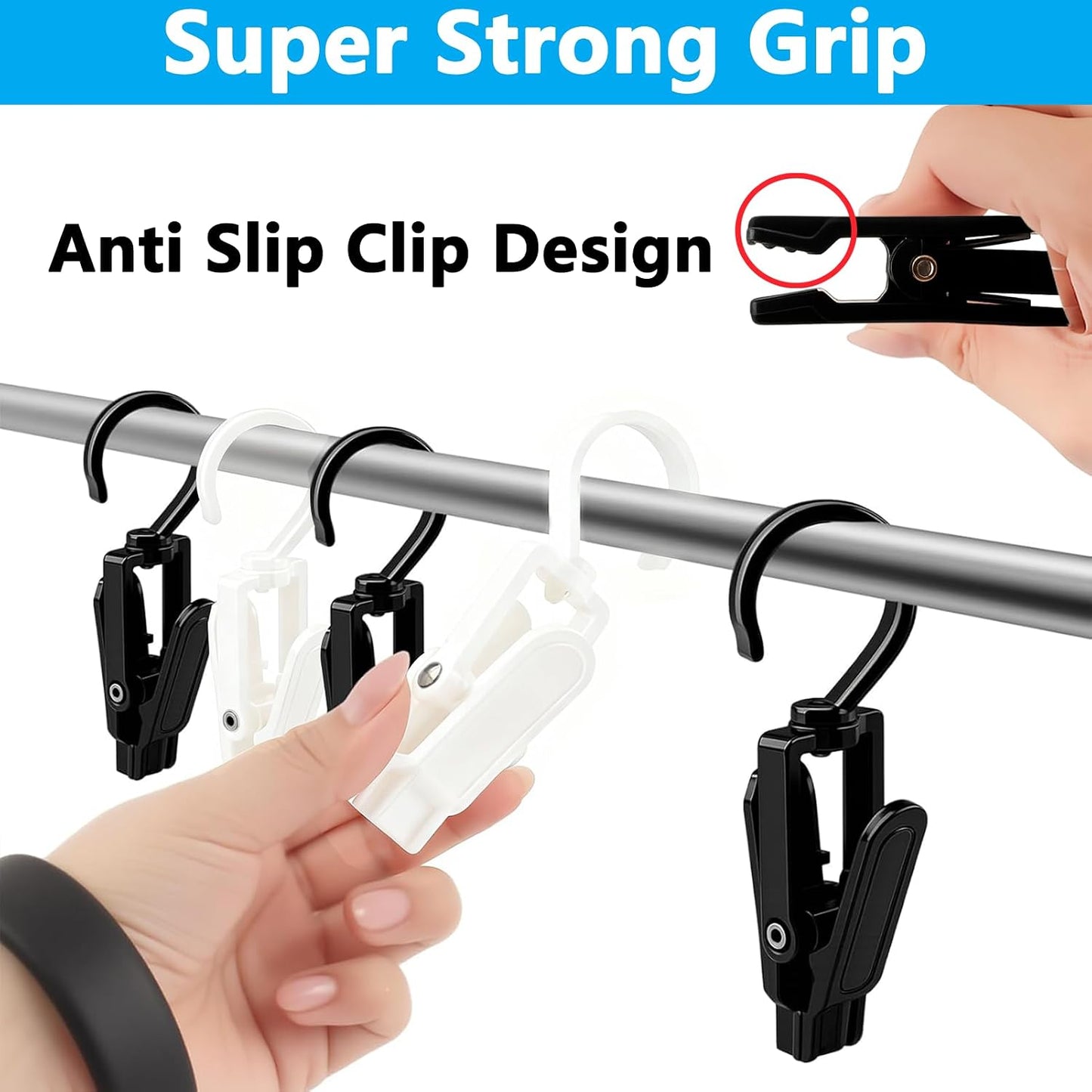 VinBee 20 PCS Laundry Hooks with Clips Super Strong Plastic Home Travel Swivel Hanging Hanger Closet Organizer Clamps Socks Boot Bras Towels for Bathroom Wardrobe Kitchen Office - 4.3 Inches (Black)