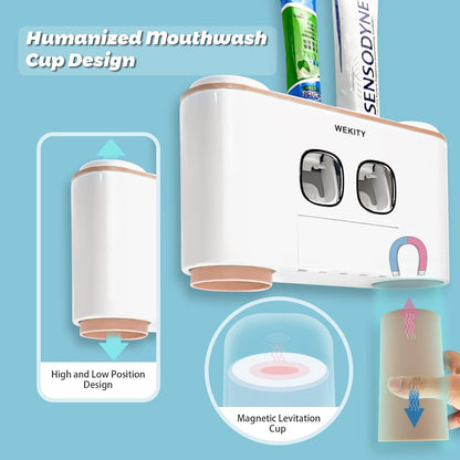 Toothbrush Holder Wall Mounted, WEKITY Multi-Functional Toothbrush and Toothpaste Dispenser for Bathroom, with 5 Toothbrush Slots, 2 Toothpaste Squeezers and 4 Cups(Grey)