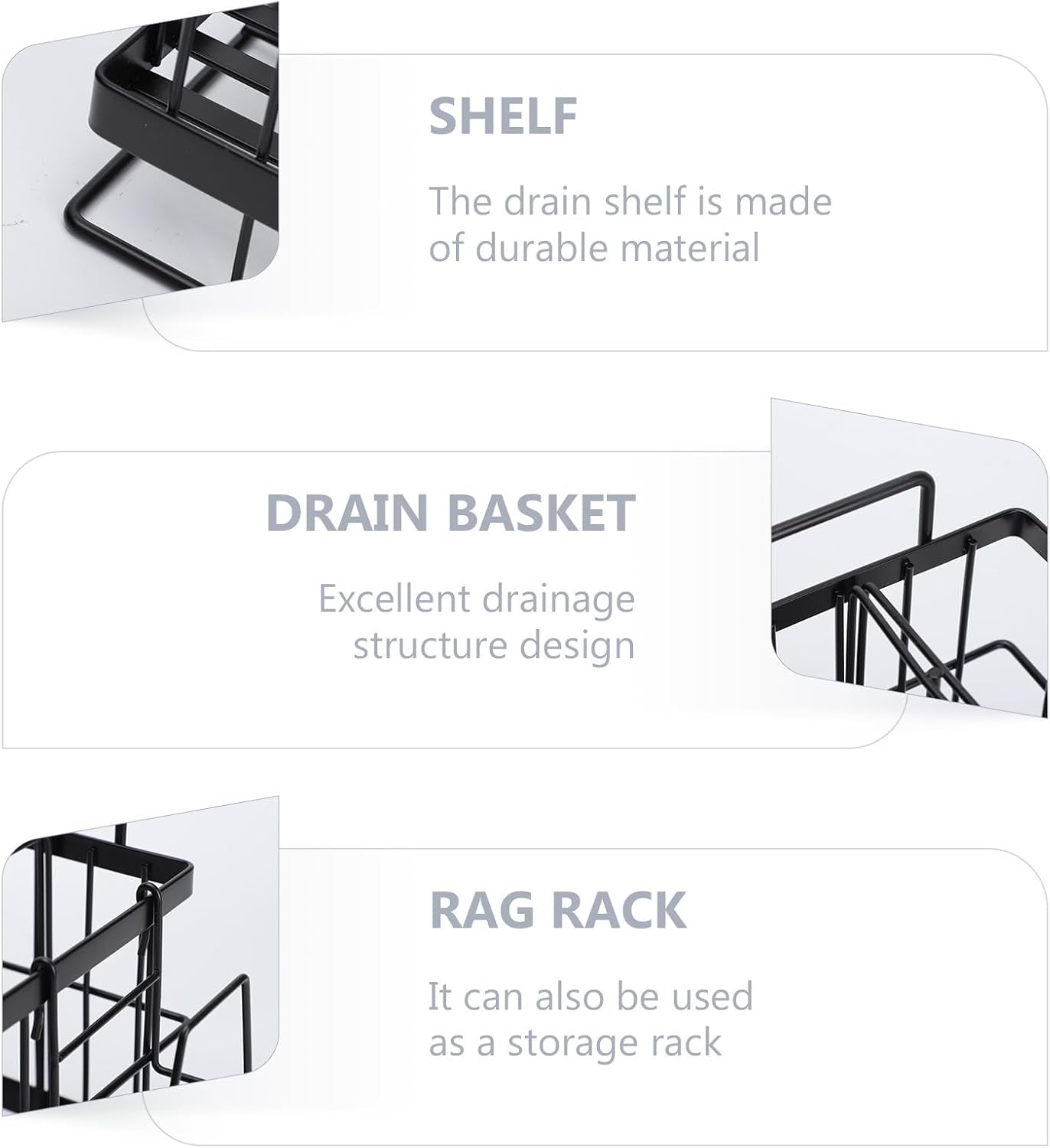 Outanaya Adjustable Stainless Steel Sponge Drain Shelf and Rag Storage Rack for Kitchen Sink, Black Wall-mounted Dish Cloth Holder with Drain Basket, 1pcs Kitchen Organizer for Cleaning