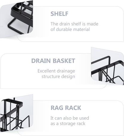 Outanaya Adjustable Stainless Steel Sponge Drain Shelf and Rag Storage Rack for Kitchen Sink, Black Wall-mounted Dish Cloth Holder with Drain Basket, 1pcs Kitchen Organizer for Cleaning
