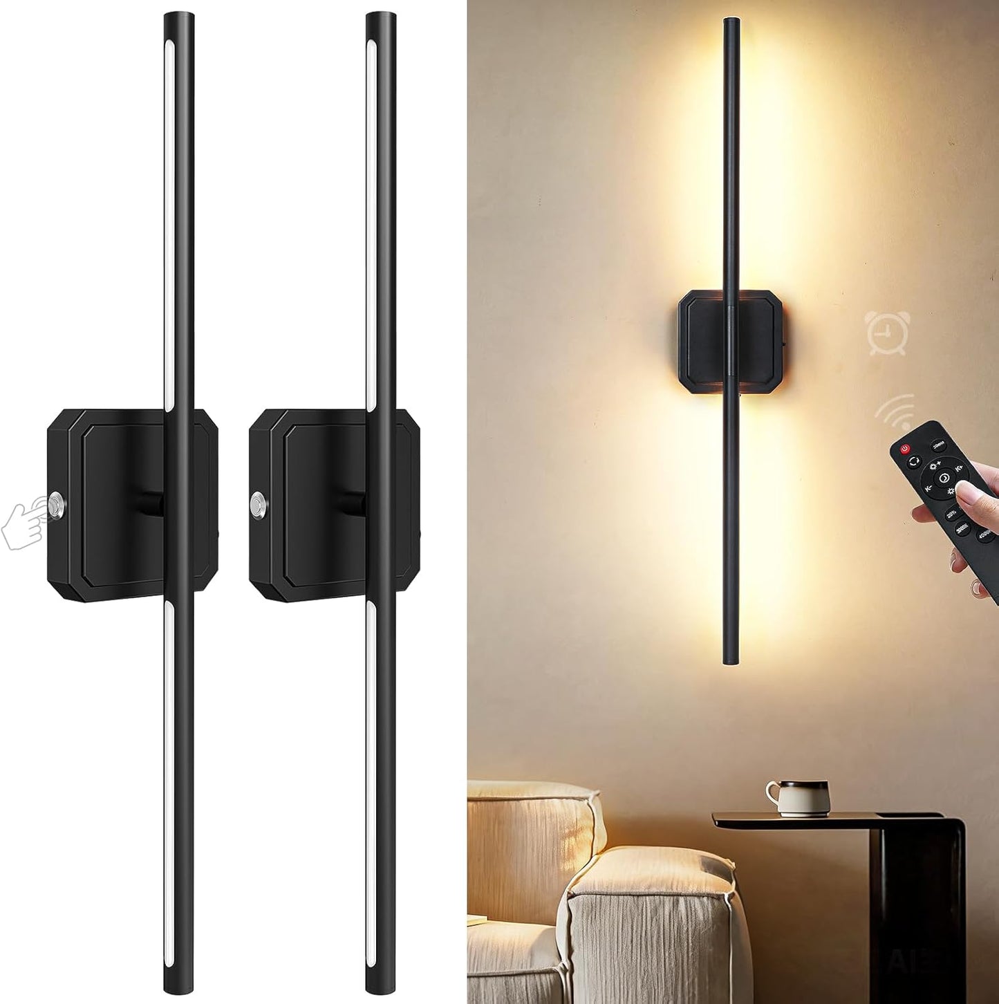 Battery Operated Wall Sconces Set of 2, 𝐔𝐩𝐠𝐫𝐚𝐝𝐞𝐝 Rechargeable Wall Lights with Remote Control, LED Wall Sconces Black, 3000K-6000K Dimmable 360° Rotatable for Living Room, Bedroom, 28''