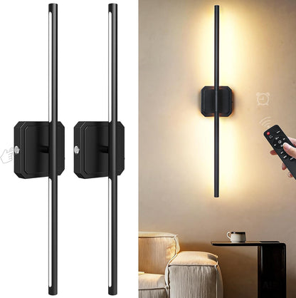 Battery Operated Wall Sconces Set of 2, 𝐔𝐩𝐠𝐫𝐚𝐝𝐞𝐝 Rechargeable Wall Lights with Remote Control, LED Wall Sconces Black, 3000K-6000K Dimmable 360° Rotatable for Living Room, Bedroom, 28''