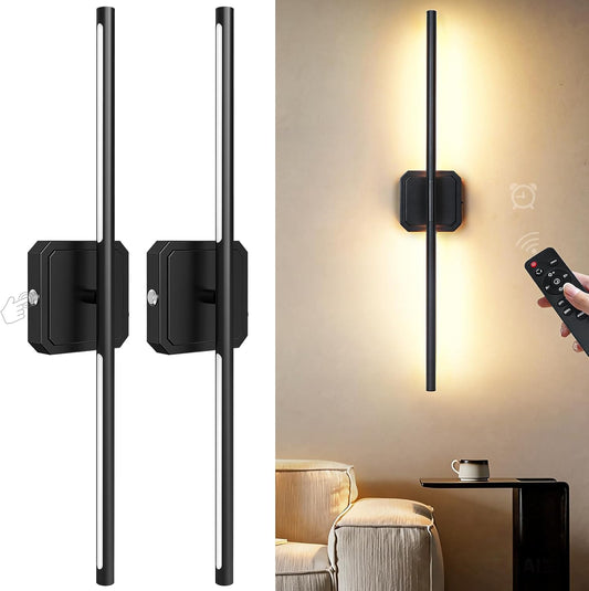 Battery Operated Wall Sconces Set of 2, 𝐔𝐩𝐠𝐫𝐚𝐝𝐞𝐝 Rechargeable Wall Lights with Remote Control, LED Wall Sconces Black, 3000K-6000K Dimmable 360° Rotatable for Living Room, Bedroom, 28''