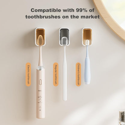 ROOM127 Wall Mounted Toothbrush Holder Set with Toothpaste Dispenser, Amber | 5-Piece Set with 4 Covered Individual Slots, No-Drill Adhesive Mount and Pump-Style Squeezer for Manual or Electric Brushes
