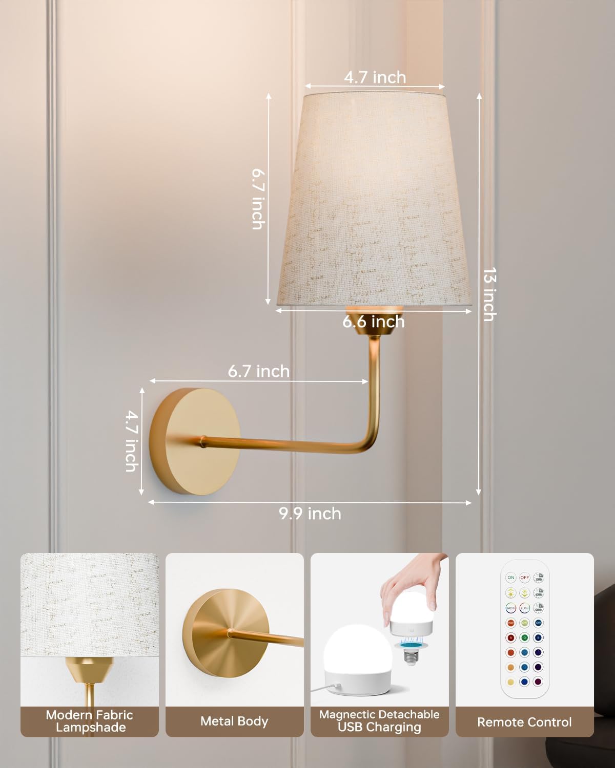 KINDEEP Wall Sconce Set of 2 Battery Operated, Rechargeable Wireless Dimmable Wall Light with RGB, Flash Mode, Remote Timer
