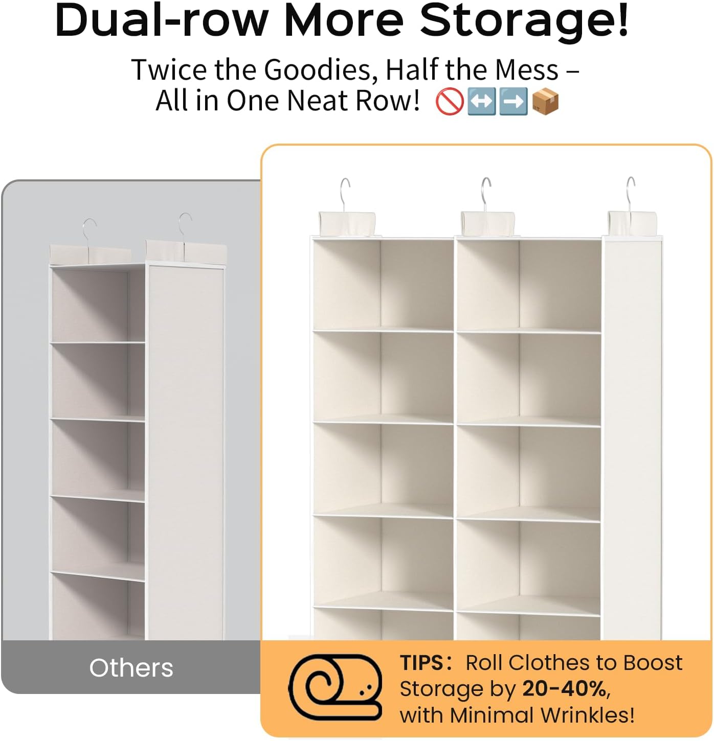 ALLTIDYUP Grey 5-Tier Hanging Closet Storage Organizer - Space-Saving Dual-Row Foldable Shelves with 3 Hooks, Wardrobe Organizer for Dorm, Bedroom, Clothes and Accessories
