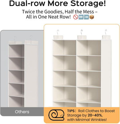 ALLTIDYUP Grey 5-Tier Hanging Closet Storage Organizer - Space-Saving Dual-Row Foldable Shelves with 3 Hooks, Wardrobe Organizer for Dorm, Bedroom, Clothes and Accessories
