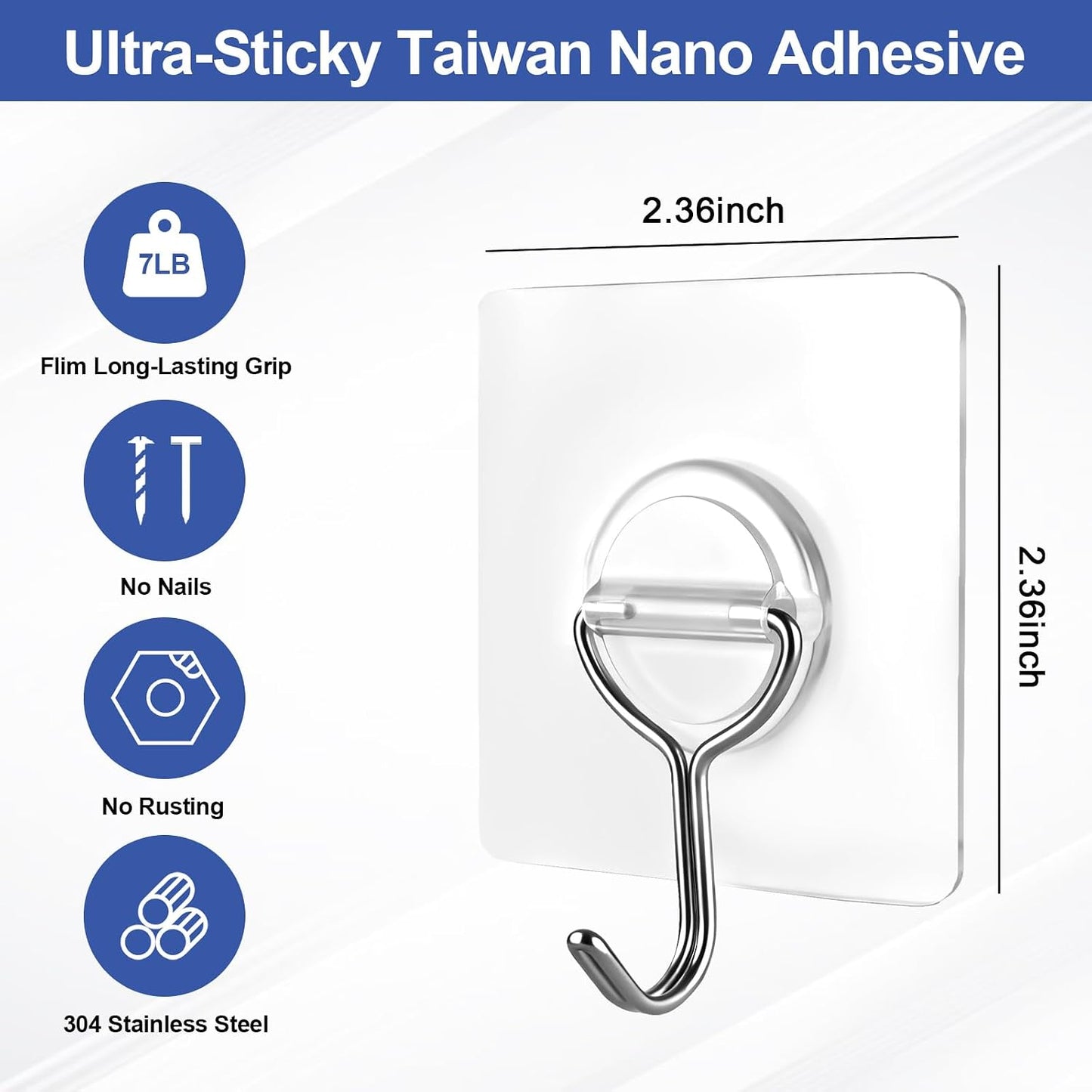 Adhesive Wall Hooks for Hanging Heavy Duty Coat - 13LBS (Max) Transparent Waterproof Hook Multiple Uses Stainless Steel Hooks for Shower Kitchen Bathroom Office Utility Hook 10 Pack