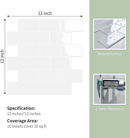 10-Sheet Thick Peel and Stick Kitchen Backsplash Tiles(Green,12"×12") | 3D Subway Waterproof Self-Adhesive Wall Tile Stick on Backsplash for Kitchen and Bathroom