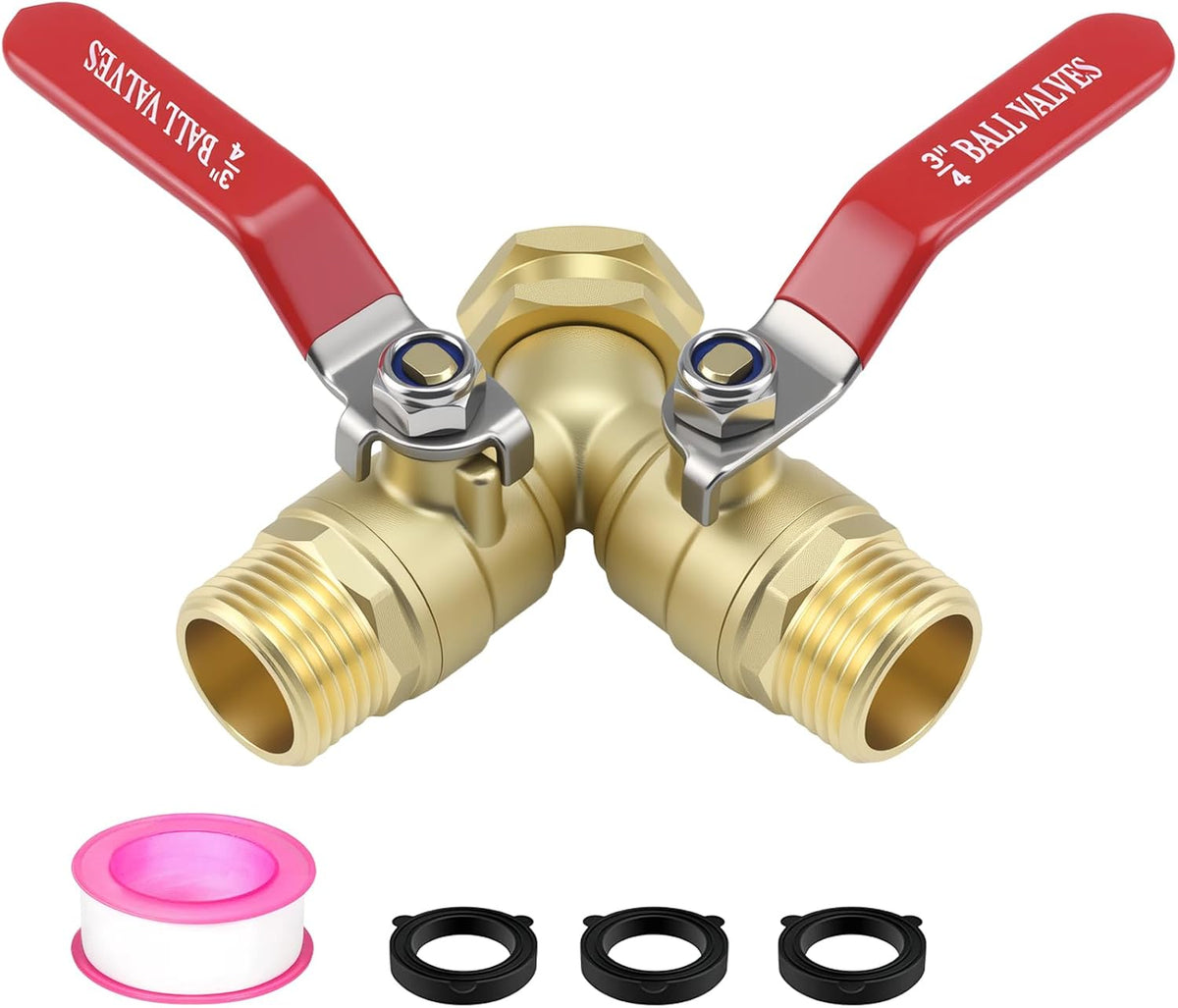 Hose Splitter 2 Way Heavy Duty, Full Flow Garden Hose Splitter with Large Easy-Turn Handle, 3/4 Inch GHT Brass Water Hose Splitter for Outdoor Faucet, Y Valve Hose Bib Splitter