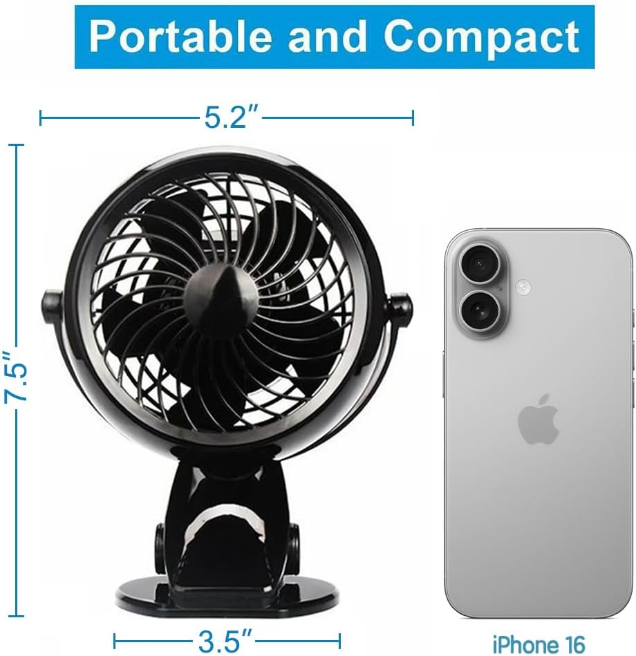 Gazeled Clip on Fan Battery Operated, 360° Rotation, with 8 Free AA Batteries, Quiet USB or Battery Operated Fan, 5'' Portable Battery Powered Clip on Fans for Camping, Stroller, Bedroom, Outdoor