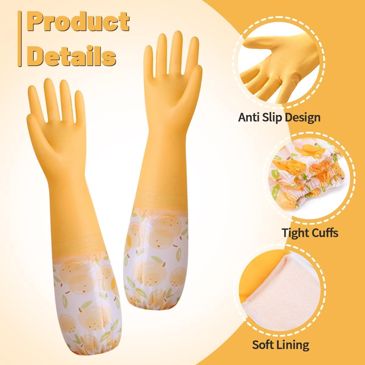 Dishwashing Cleaning Gloves, Rubber Kitchen Glove 2 Pairs | Reusable Latex Free Gloves with Cotton Lined, Long Waterproof Household Glove for Laundry Cleaning Working Gardening Cooking