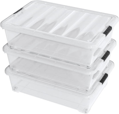Hespama 3 Pack Plastic Rolling Storage Box Bin for Under the Bed, 20 Quart | Lidded Storage Container Bin, Clear