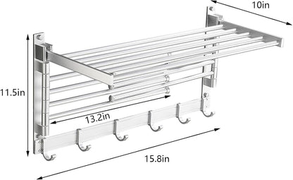 Laundry Clothes Drying Rack, Wall Mounted Swivel Towel Rack with Hooks and Swing Arms, Space Saver in Laundry Room and Bathroom, Space Aluminum