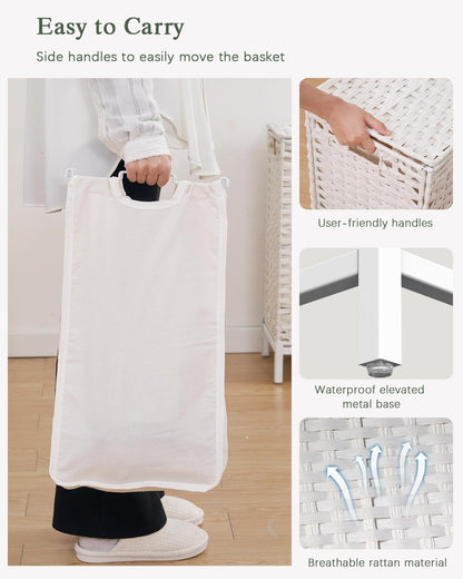 SETVSON Laundry Hamper with Lid 132 L, (35 Gallons) Clothes Hamper with Lid, Handwoven Rattan Laundry Hamper with Metal Heightened Feet, Laundry Hampers with 3 Removable Liner Bags for Laundry-Natural