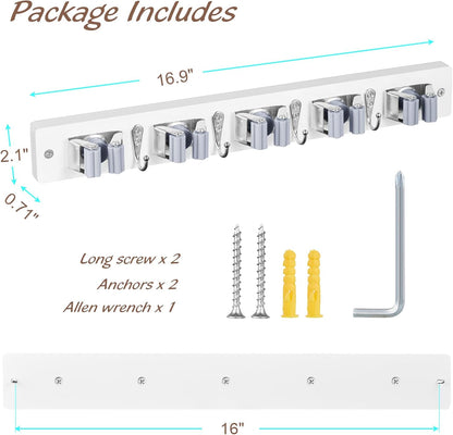 OUTNILI Mop and Broom Holder Wall Mount - White Broom Mop Hanger - Wall Mounted Garden Tool Rack Organizer for Closet Garage Laundry Room Kitchen Decor With 5 Slots & 4 Hooks