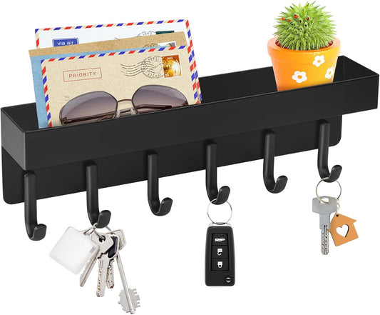 VIS'V Key Holder Wall Mount, Adhesive Key Rack with Tray, 6 Hooks, Black | 2 Mount Options, Compact Discreet Design, Suitable for Entryway, Hallway, Doorway, Kitchen, Garage, Camper