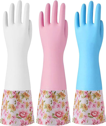 KINGFINGER Rubber Cleaning Gloves, 3 Pairs Reusable Latex-Free Dishwashing Gloves, Dish Glove with Flocked Cotton Liner, Long Cuff, Kitchen Household Glove, Medium (Blue, White, Pink)