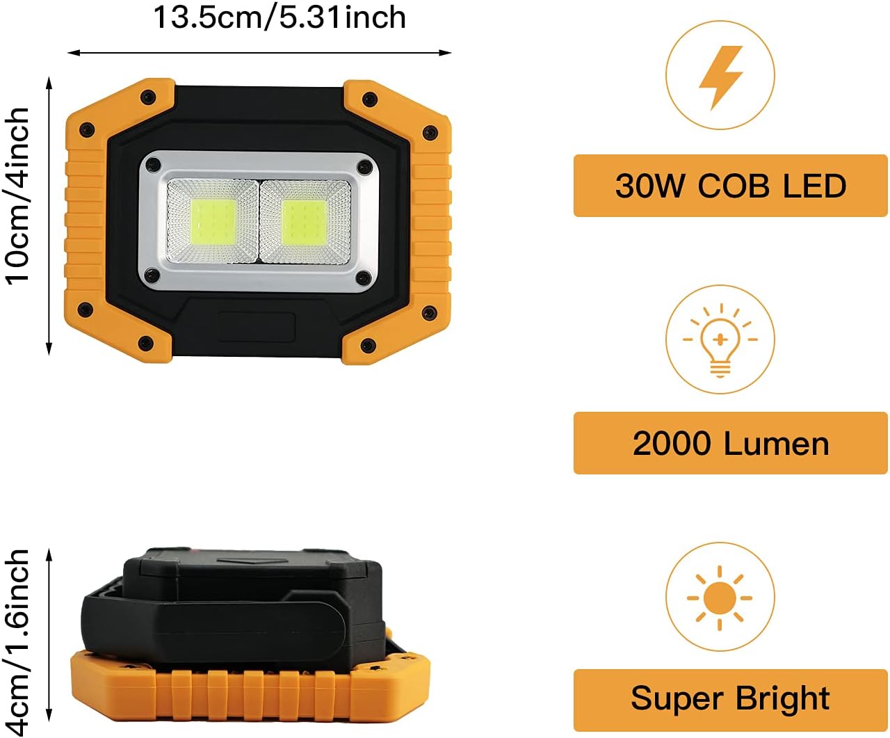 Tekstap LED Work Light Rechargeable, 30W 2000LM Portable Waterproof Rechargeable Work Lights with Stand, Battery Powered COB Flood Lights for Power Ouage Emergency Outdoor Camping Garage