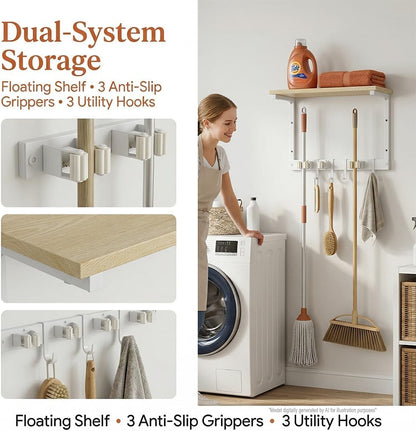 Upgraded Broom Holder Wall Mount with Shelf, Mop and Broom Organizer Wall Hanging, Cleaning Supplies Organizer (small)
