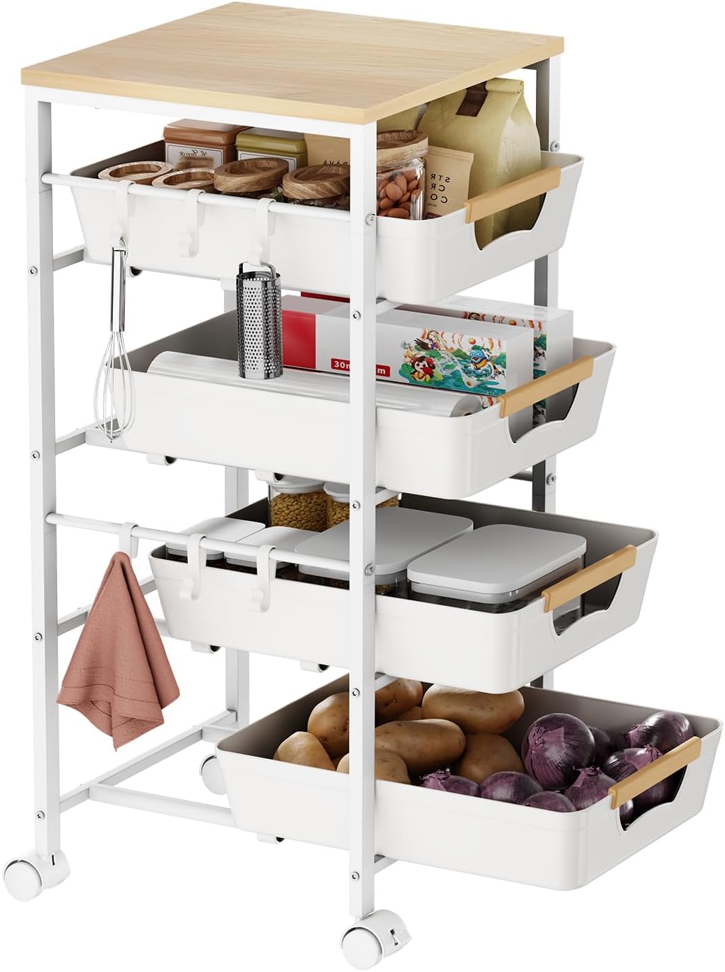 5-Tier Slim Storage Cart, Wooden Top Rolling Kitchen Cart with Pull-Out Baskets & Wheels, Narrow Space Utility Cart Slide Out Organizer for Kitchen, Bathroom, Laundry Room, White