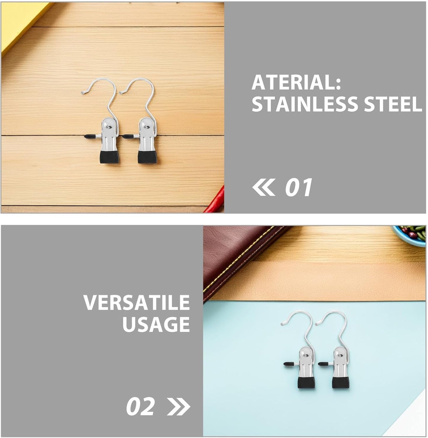 24pcs Stainless Steel Clothes Pins Heavy Duty Laundry Clips with Hooks Portable Windproof Clip Hangers for Bras Underwear Indoor Drying and Closet Organization