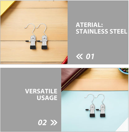 24pcs Stainless Steel Clothes Pins Heavy Duty Laundry Clips with Hooks Portable Windproof Clip Hangers for Bras Underwear Indoor Drying and Closet Organization