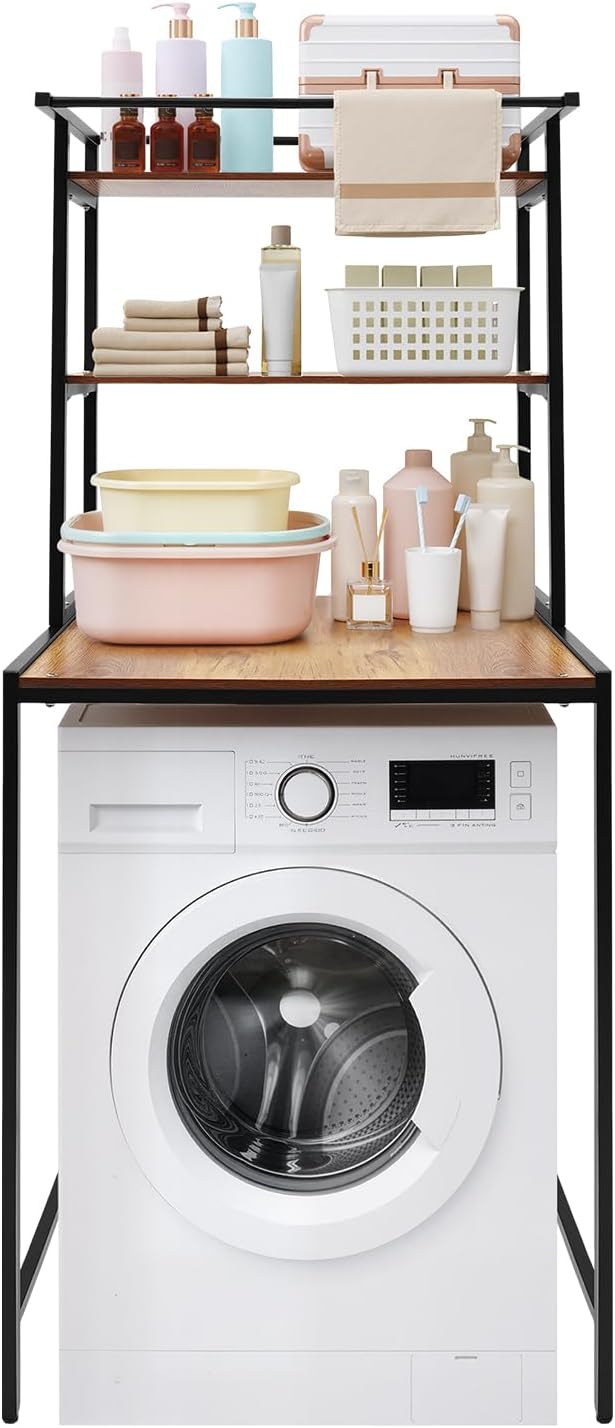 Over the Washer and Dryer Storage Shelf, 3 Tier Laundry Room Shelves, Bathroom Space Saving Organizer Rack, Laundry Room Organization Storage for Bathroom Room Balcony (White+Log)