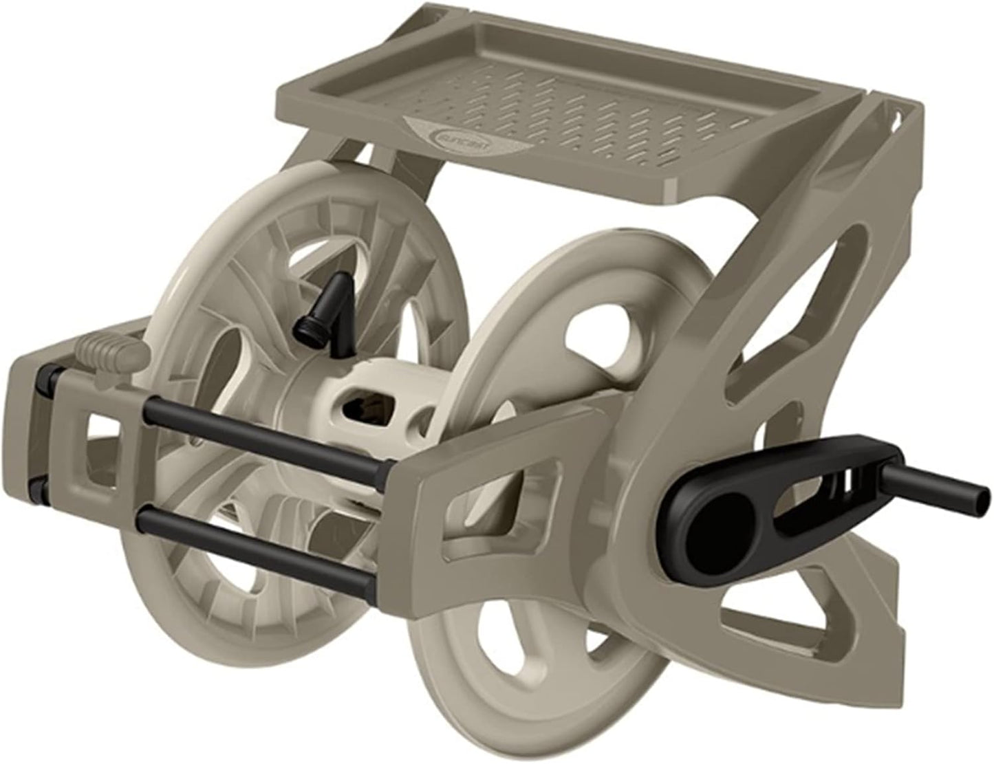 Suncast Slide Trak Garden Hose Reel, Wall-Mount Holder with Storage Tray, Dark Taupe - Outdoor Mounted Organizer for 175 Ft of 5/8" Standard Vinyl Water Hoses in Lawn and Yard