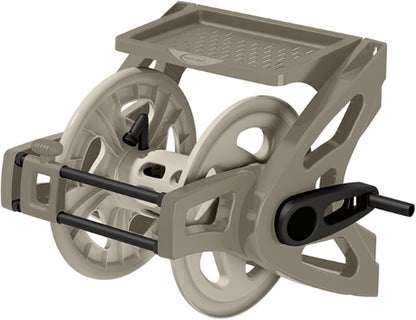Suncast Slide Trak Garden Hose Reel, Wall-Mount Holder with Storage Tray, Dark Taupe - Outdoor Mounted Organizer for 175 Ft of 5/8" Standard Vinyl Water Hoses in Lawn and Yard