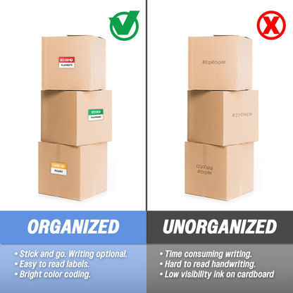 Moving Labels (3 x 2 inch, 300 per Pack) Ideal for 1-2 Bedroom Homes - 10x Designs of Color-Coded Moving Stickers w/Write-in Area, Fragile, Heavy & Blank Labels