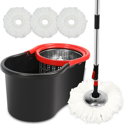 Spin Mop and Bucket with Wringer Set on Wheels, 360 Spinning Mop with Stainless Steel Handle for All Hard Surfaces, Floor Cleaning System with 3 Microfiber Replacement Heads, Black/Red