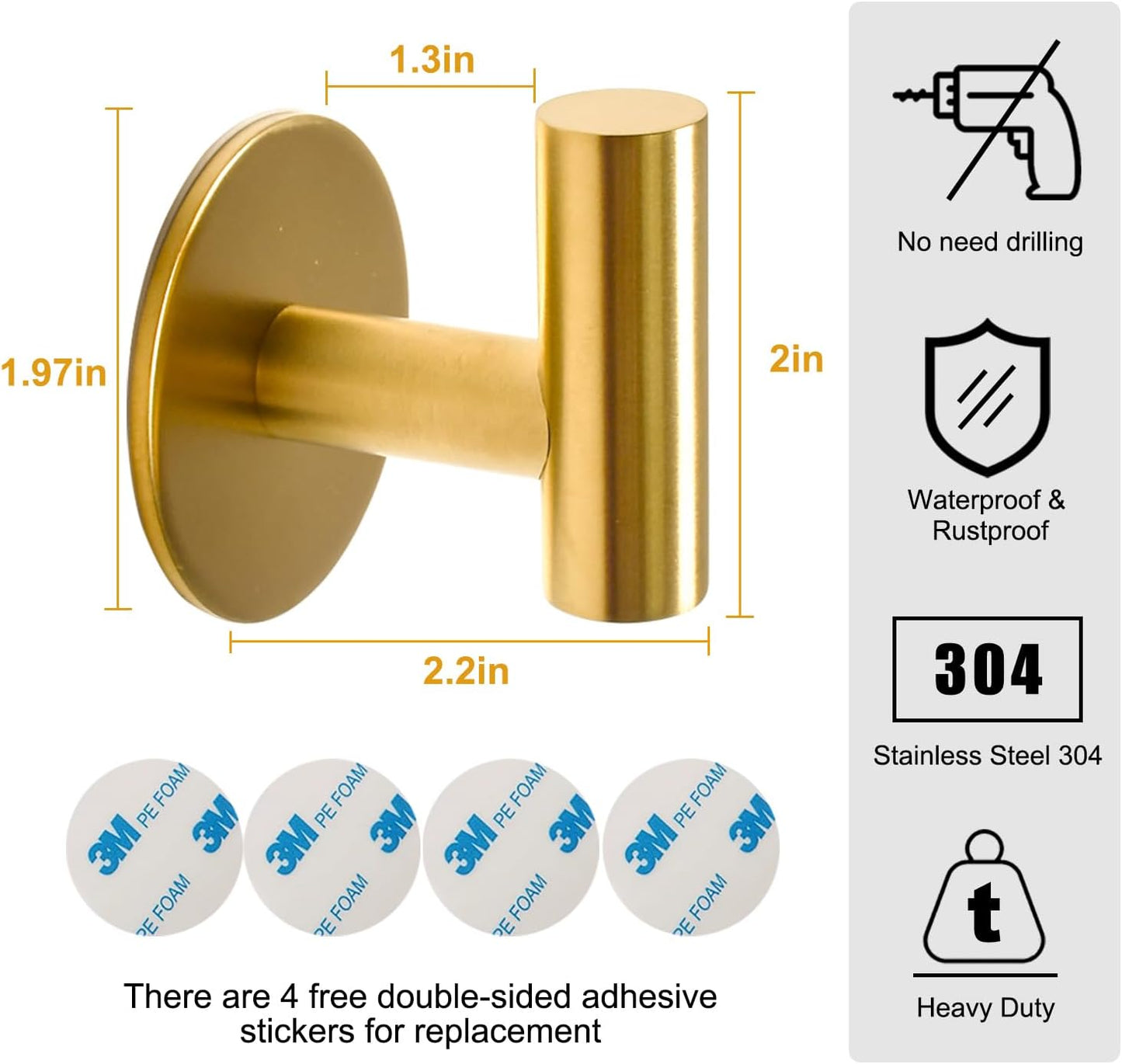 Vuzvuv Adhesive Hooks White SUS304 Stainless Steel - Self Adhesive Heavy Duty Waterproof Wall Hooks for Towel, Coat, Robe in Bathrooms Kitchen Hotel (2-Pack)