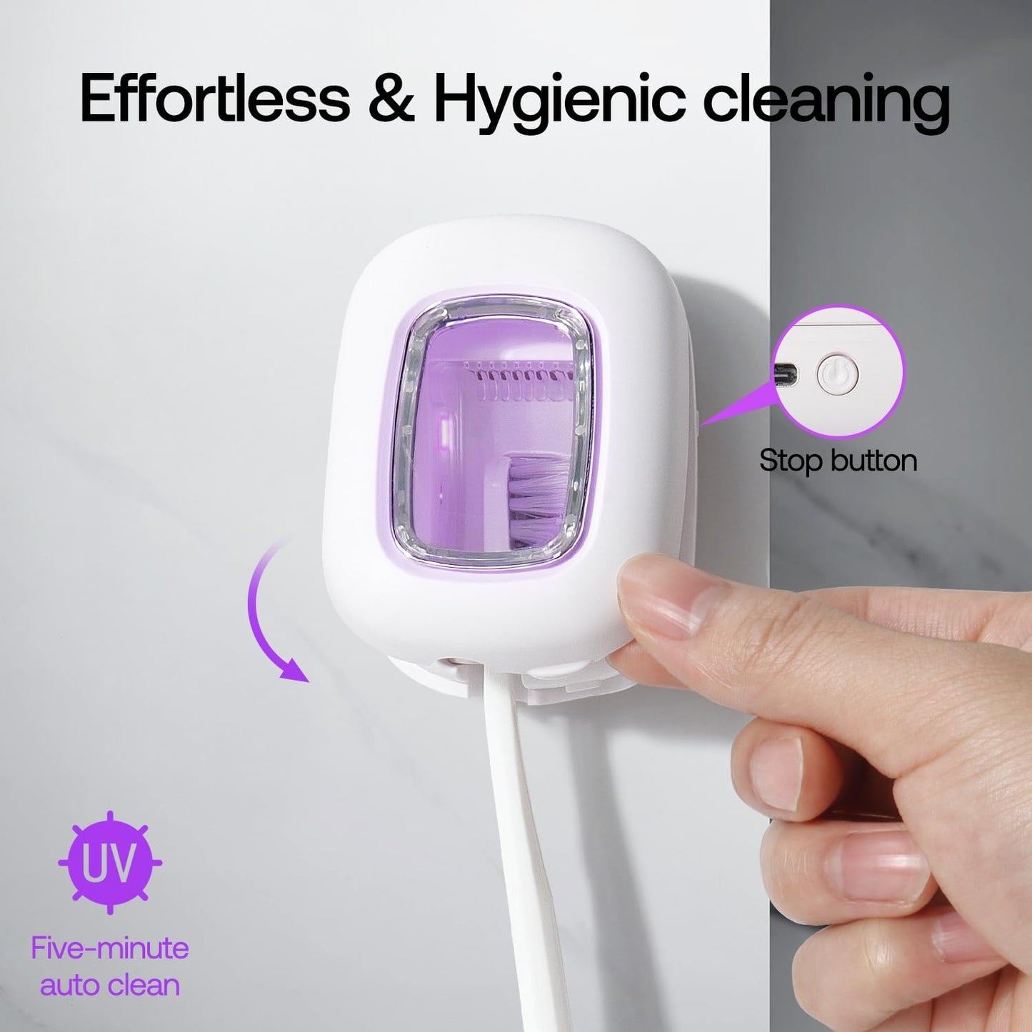 UV-C Toothbrush Sanitizer Case, Dual Light Cleaner Cover with Clear Window, USB-C Rechargeable Travel Holder for Electric and Manual Brushes, White