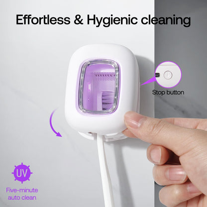 UV-C Toothbrush Sanitizer Case, Dual Light Cleaner Cover with Clear Window, USB-C Rechargeable Travel Holder for Electric and Manual Brushes, White