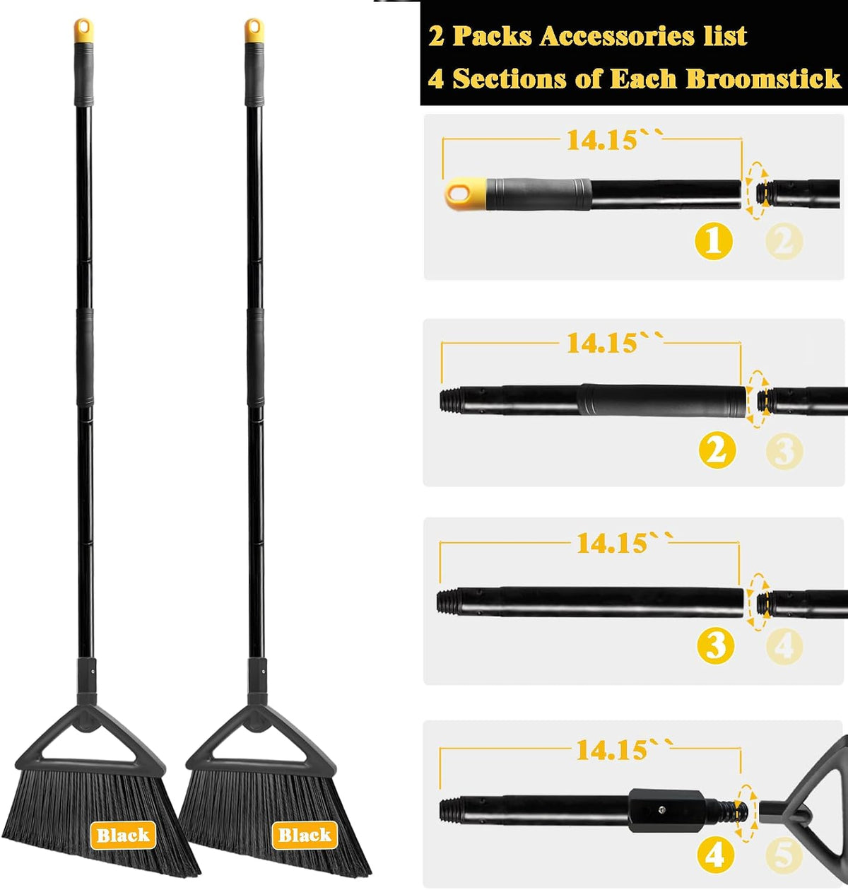 Heavy Duty Broom Outdoor and Indoor, 2 Pack Commercial Angle Brooms with Longer Handle, Perfect Black Broom for Garage, Kitchen, Courtyard, Restaurant