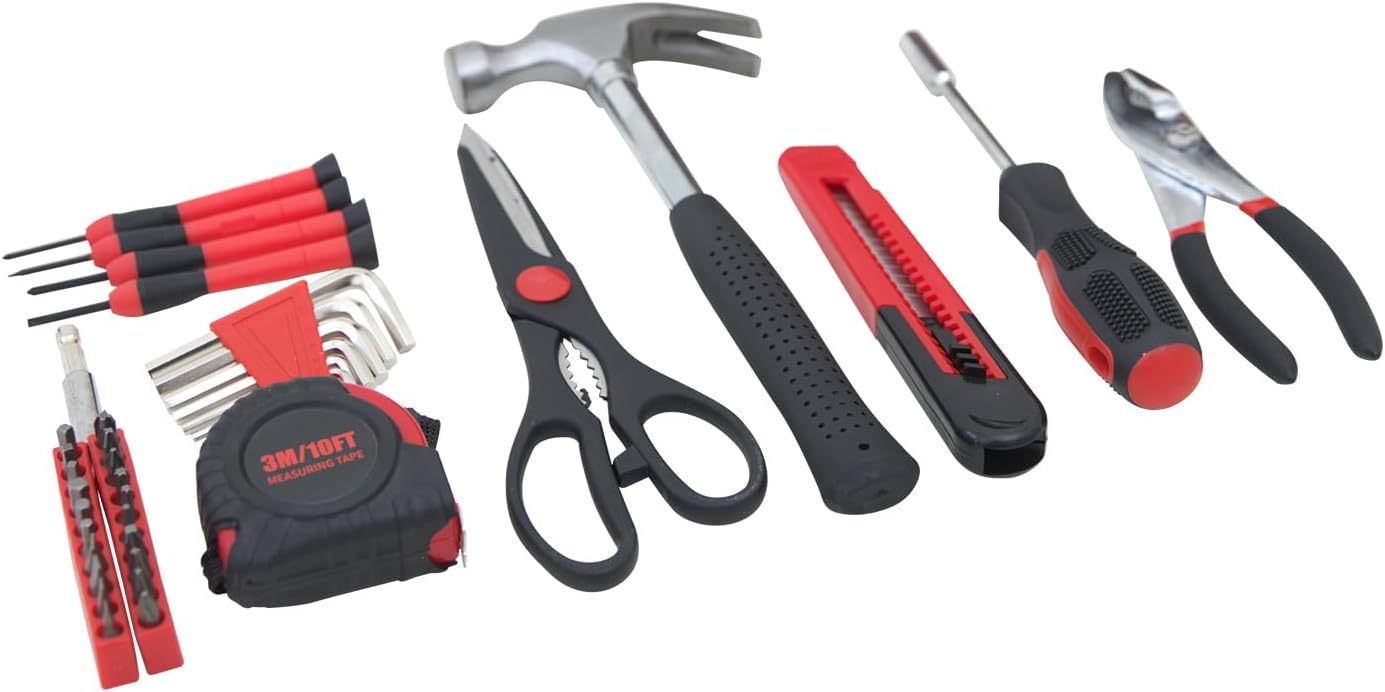 39-Piece Household Tools Kit - Portable and Essential Repair Set Ideal for Women, College Students, Home Use & More (39p-Pink)