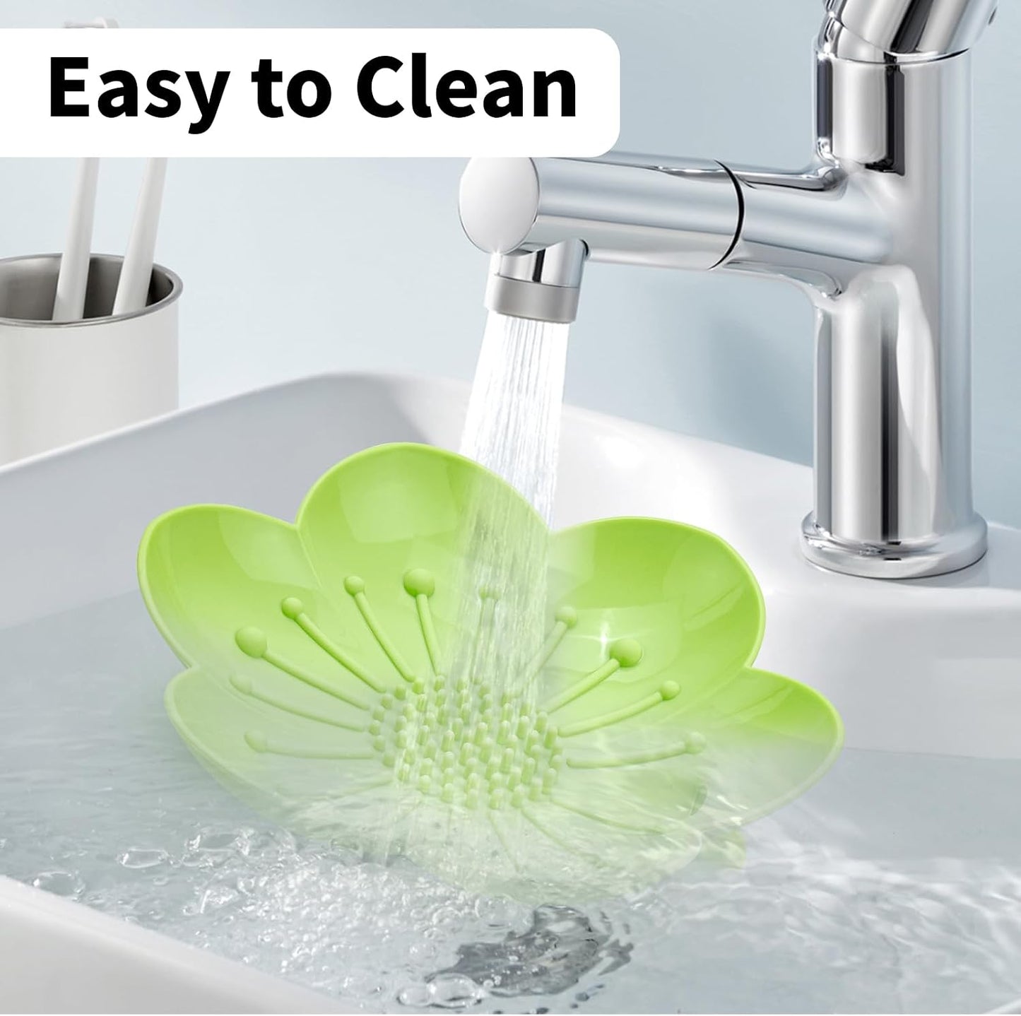 Soap Dishes 2 Pack Self Draining XL Flexible Bar Holder for Shower Steamer, Silicone Flower Soap Saver Tray for Counter Bathtub Sink Bathroom Decor with Drainage -Mirror Surface Easy Clean, Grey/Blue